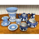 Collection of Wedgwood, including Blue Jasper vase 7" high, trinket box, three pin dishes,