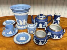 Collection of Wedgwood, including Blue Jasper vase 7'' high, trinket box, three pin dishes, and