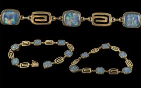 Excellent 9ct Gold Greek Key and Opal Set Bracelet, Marked 9ct. The Opals of Excellent Well