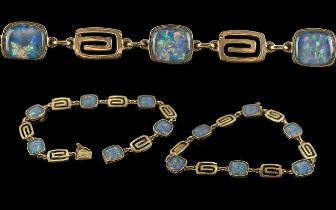 Excellent 9ct Gold Greek Key and Opal Set Bracelet, Marked 9ct.