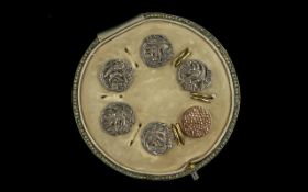Art Nouveau Set of 5 Sterling Silver Stylish Buttons and One Gold Planished Button, All with Full