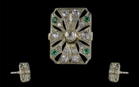 Art Nouveau Well Designed 18ct White Gold Diamond and Emerald Set Dress Ring. c.1910 - 1920's. The