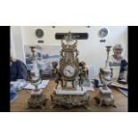 Italian Style Garniture Set, brass clock with white face and Roman numerals, two winder holes,