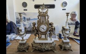Italian Style Garniture Set, brass clock with white face and Roman numerals, two winder holes,