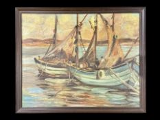 Impressionist Harbour Scene with Boats, mid century oil painting on board, small indistinct