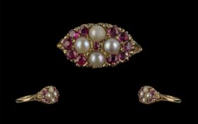 Victorian Period 1837 - 1901 Attractive 9ct Gold Garnet and Pearl Set Cluster Ring.