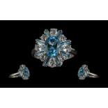 Ladies 18ct White Gold Superb Quality Diamond and Aquamarine Set Dress Ring,