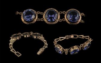 Ladies Antique Period Attractive 9ct Gold Three Blue Topaz Set Bracelet, marked 9ct,