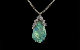 Superb Quality Black Opal and Diamond Set Pendant - Attached to a 18ct White Gold Chain. Both Marked