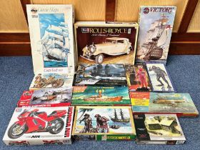 Two Boxes of Model Kits, including Rolls Royce, Cutty Sark, HMS Victory, Black Falcon,