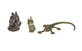 Three Cold Painted Bronzes, finely detailed, depicts a dormouse, a cat, and an alligator. Tallest
