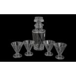 Art Deco Glass Cocktail Decanter and Five Cocktail Glasses, odd nicks to rims of glasses,