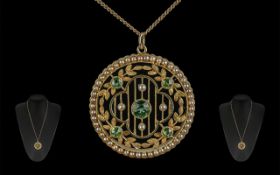 Belle Epoque Attractive 12 ct Gold Circular Peridot and Seed Pearl Set Open Worked Pendant,
