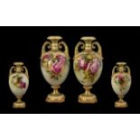 Royal Worcester Fine Pair of Twin Handled Vases ' Roses ' Still Life. Signed F.J.
