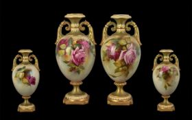 Royal Worcester Fine Pair of Twin Handled Vases ' Roses ' Still Life. Signed F.J.Bray, Shape No