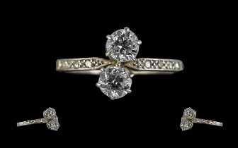 Platinum Pleasing 1920's Two Stone Diamond Set Dress Ring, With Diamond Set Shoulders,