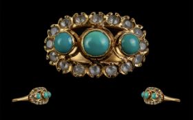 Victorian Period - 18ct Gold Turquoise and Diamond Set Dress Ring. Not Marked but Tests High Ct
