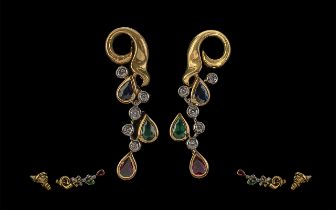 Ladies - Superb 18ct Gold and Pleasing Pair of Gem Set Drop Earrings, Marked 750 - 18ct.