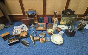 Two Boxes of Collectibles, including brass magazine rack, oriental oil lamp, Tunstall vase,