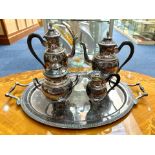 French Silver Plated Tea Service & Tray, comprising tea pot, coffee/hot water pot,