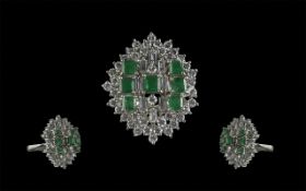 Art Deco 1930s Ladies Platinum Diamond and Emerald Set Cocktail Ring, marked platinum; the ring