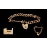 Antique Period Excellent Quality 9ct Gold Curb Bracelet with 9ct Gold Heart Shaped Padlock and
