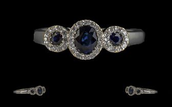 18ct White Gold - Superb Quality and Contemporary Sapphire and Diamond Set Dress Ring.