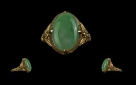 Chinese Pleasing Quality 22ct Gold Jade Set Ring. Chinese gold character marks to interior of mount.
