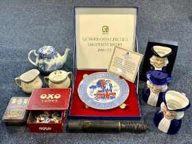 Box of Collectibles, including two Quaker men Toby Jugs and a Quaker man money box,