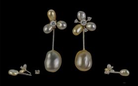 Fine Pair of 18ct White Gold Pearl and Diamond Set Drop Earrings, marked 750 - 18ct,