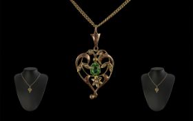 Victorian Period - Attractive 9ct Gold Open Worked Pendant Set with Peridot and Seed Pearls,