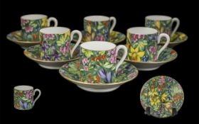 Czechoslovakian Epiag Set of Six Cups & Saucers, overall floral design with bright daffodils,