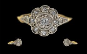 Antique Period - Pleasing 18ct Gold and Platinum Diamond Set Cluster Ring,