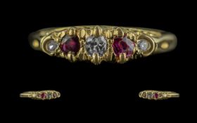 18ct Gold - Pleasing Ruby and Diamond Set Ring, Ornate Raised Setting Marked 18ct to Interior of