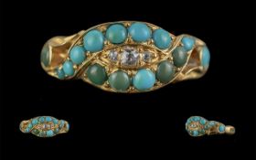 Victorian Period 1837 - 1901 Attractive 18ct Gold Turquoise and Diamond Set Ring, Excellent Setting.