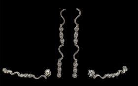 Ladies Fine Pair of 18ct White Gold Diamond Set Long Earrings, Marked 750. Each Earring Set with 6