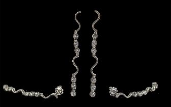 Ladies Fine Pair of 18ct White Gold Diamond Set Long Earrings, Marked 750.