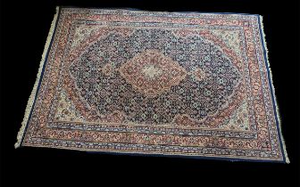 Original Hand Woven Indian Wool Rug, with blue ground and red design, rectangular shape,