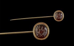 Antique Period Impressive 15ct Gold Stick Pin with hardstone- wax cameo set to top,