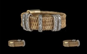 A Fine Quality Ladies 18ct Gold Basket Weave Diamond Set Flexible Banded Ring.