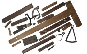 Collection of Vintage Wooden Rulers and drawing tools.