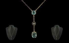 1930's Attractive 9ct Gold Stone Set Integral Necklace with Drop. Marked 9ct.