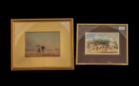 Small Framed Watercolour depicting houses and figures,