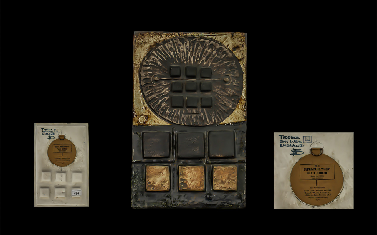 Early Troika Scarce Signed 'Calculator' Wall Plaque, moulded with geometric designs,