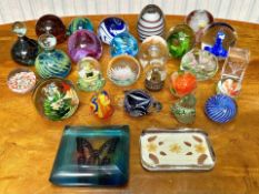 Collection of Decorative Paperweights, including a Caithness purple weight, turtle shape, floral,