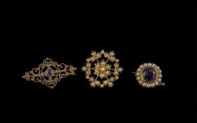 A Fine Collection of Antique Period Small Gem Set Brooches ( 3 ) In Total. Marked 18ct & 9ct.