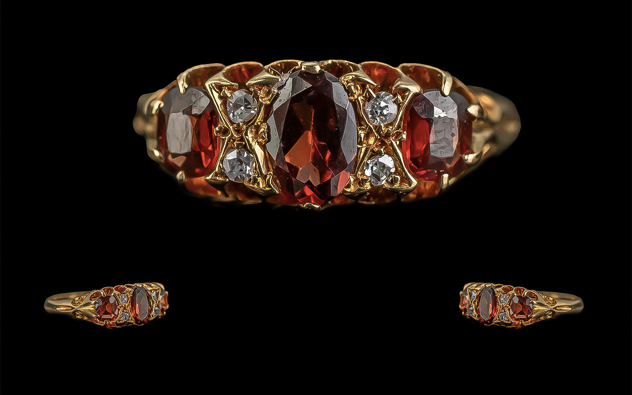 Antique Period - Attractive 18ct Gold Garnet and Diamond Set Ring. Full Hallmark to Shank.