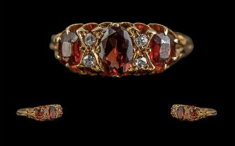 Antique Period - Attractive 18ct Gold Garnet and Diamond Set Ring. Full Hallmark to Shank.