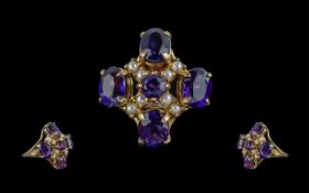 Antique Period Style 9ct Gold Amethyst and Pearl Set Dress Ring of excellent design,