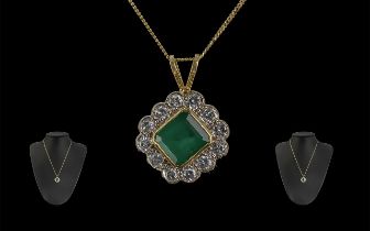 A Superb 18ct Gold Diamond and Emerald Set Pendant - Attached to a 18ct Gold Chain.